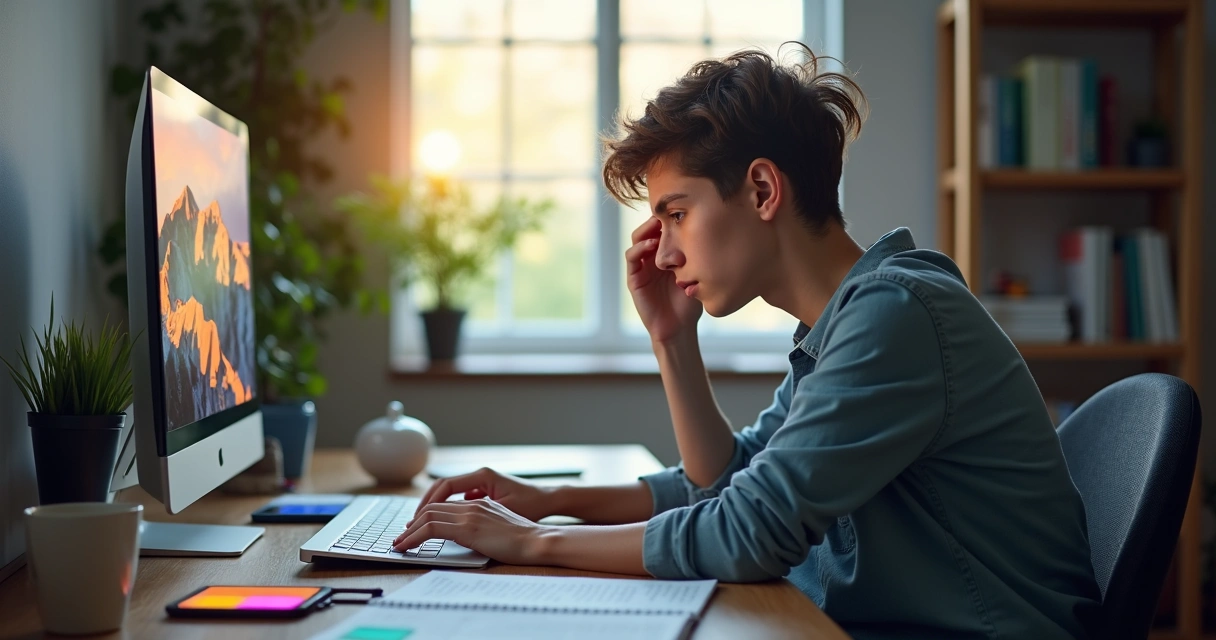 Adulto tenta se concentrar em mesa de trabalho com distrações digitais ao redor 