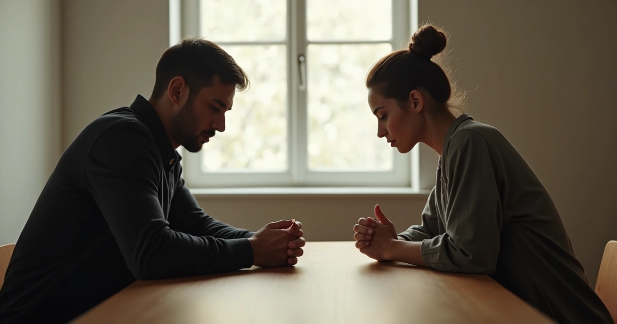 Duas pessoas tentando conversar, olhando para baixo e sem contato visual direto, sentadas frente a frente em uma mesa de madeira, ambiente com tons neutros e luz suave