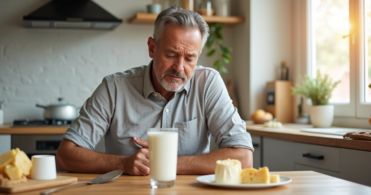 Homem adulto sentado à mesa olhando para um copo de leite, expressão de desconforto 