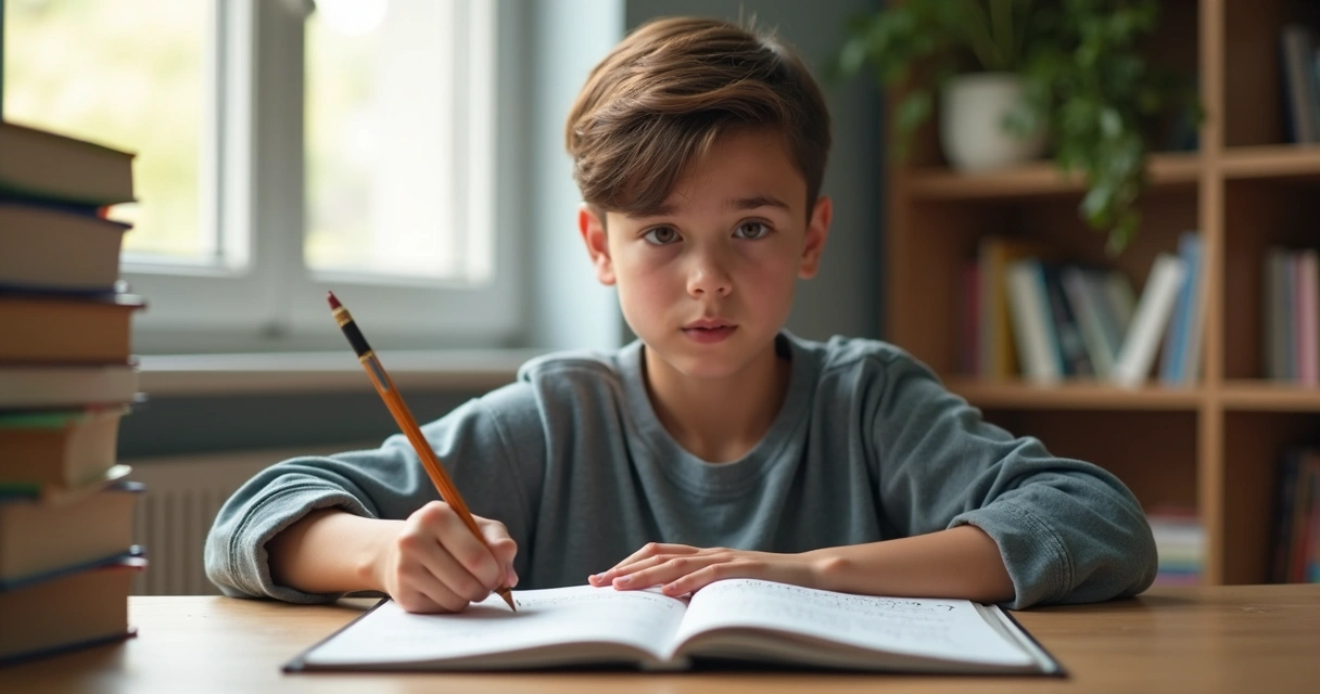 Estudante diante de livro aberto e expressão de dúvida 