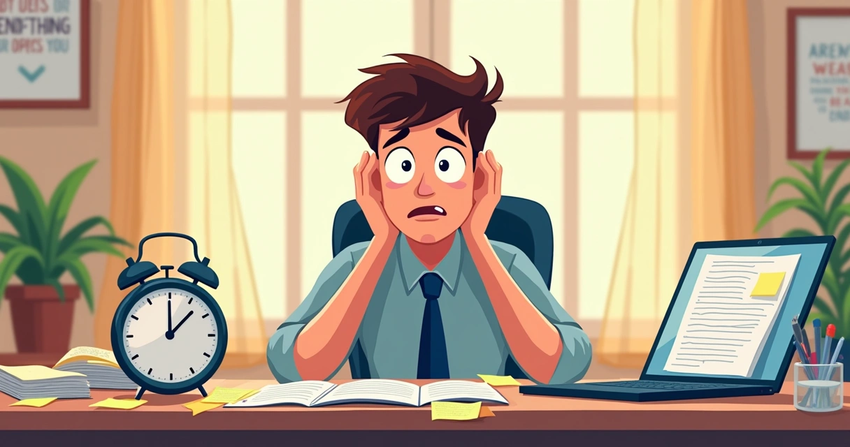 Pessoa frustrada com tarefas e limites de tempo na mesa 