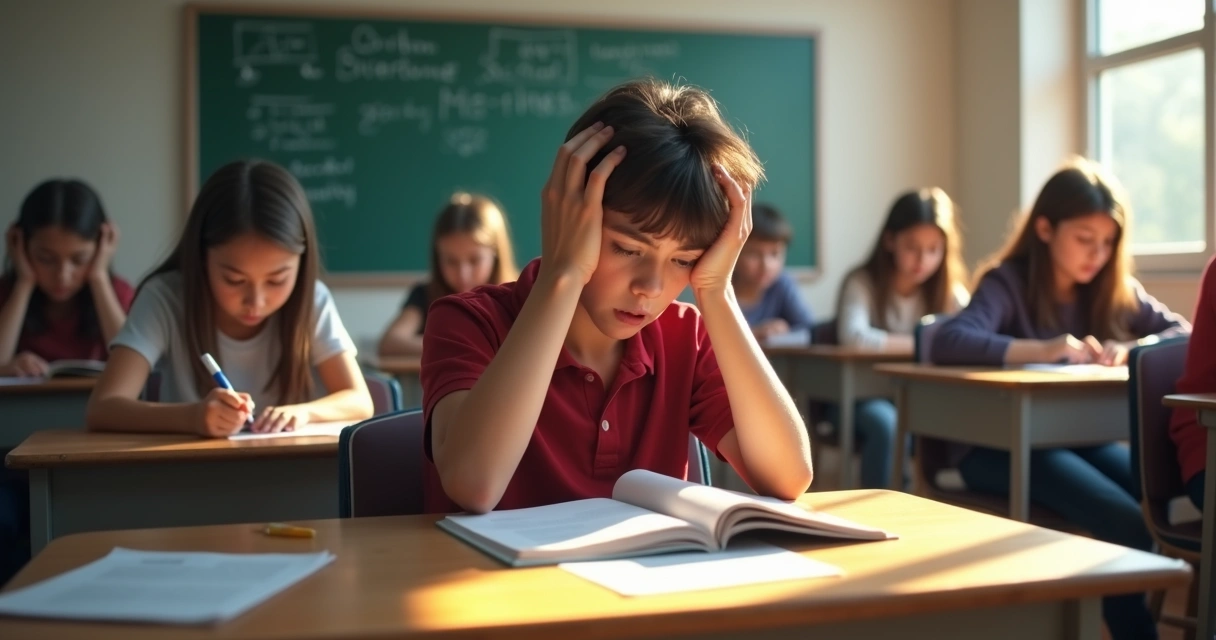 Grupo de estudantes concentrados com prova em sala de aula