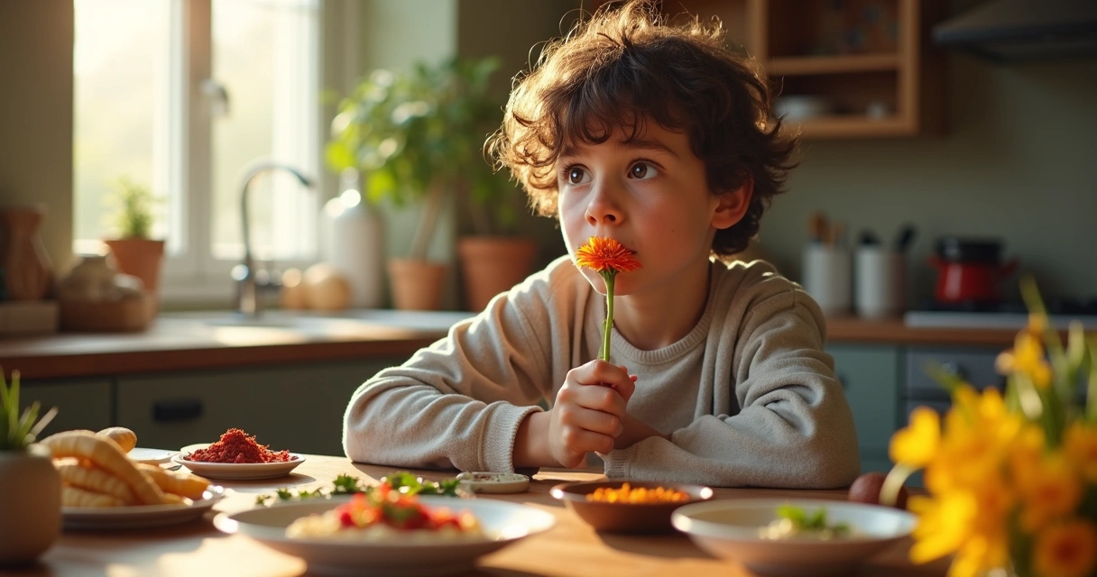 Pessoa jovem tentando sentir o cheiro de uma flor, mas mostrando leve confusão