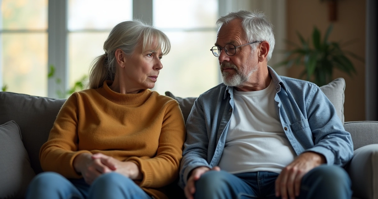 Casal sentado em um sofá distante um do outro