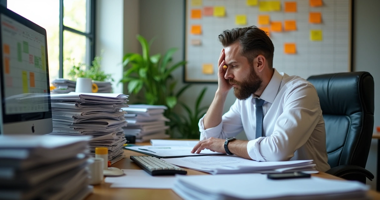 Síndico analisando vários contratos em sua mesa, papéis empilhados e calendário cheio 