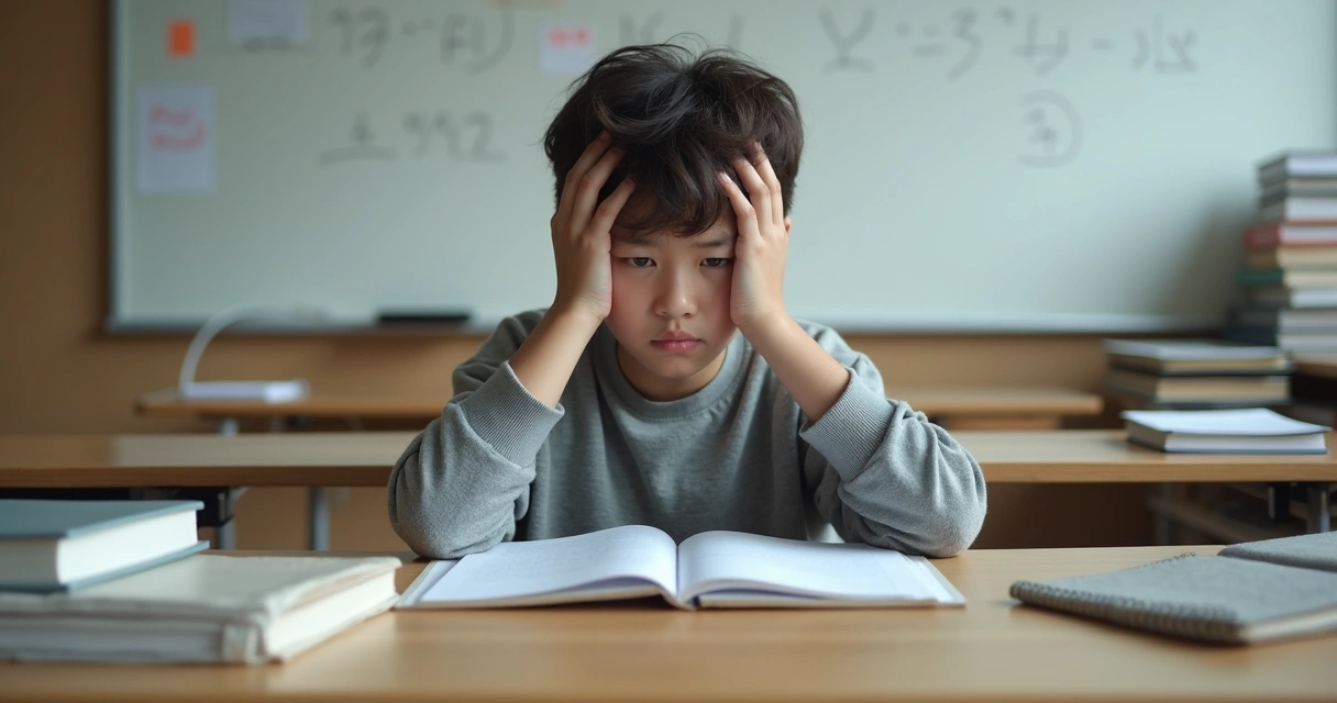 Persona sentada frente a una mesa con libros, mostrando expresión de frustración o dificultad para aprender