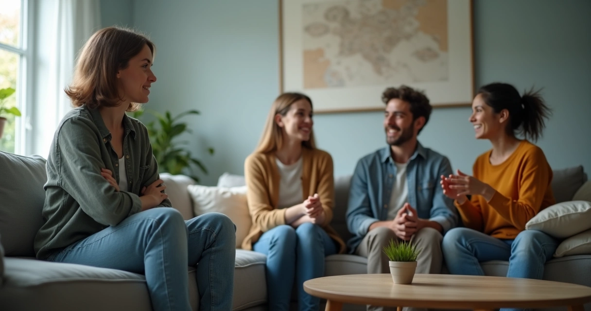 Persona aislada en un sofá rodeada de gente conversando 