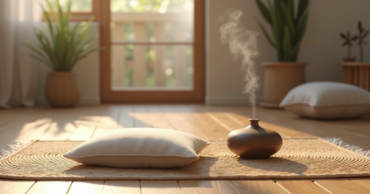 Difusor com vapor em sala de meditação com almofada e luz suave 