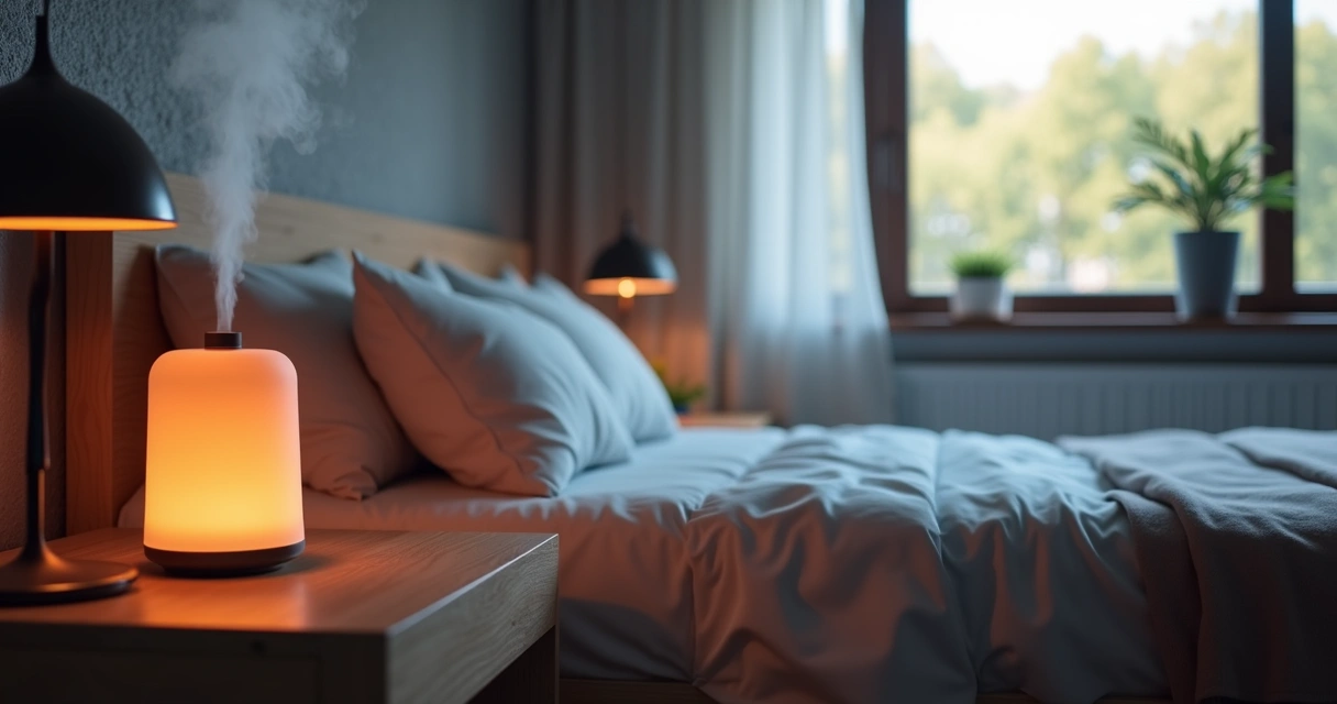 Difusor de aromas inteligente em uma mesa de cabeceira ao lado da cama, soltando vapor