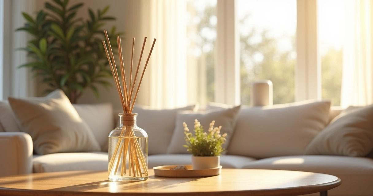 Difusor de varetas sobre uma mesa decorada em sala iluminada. 