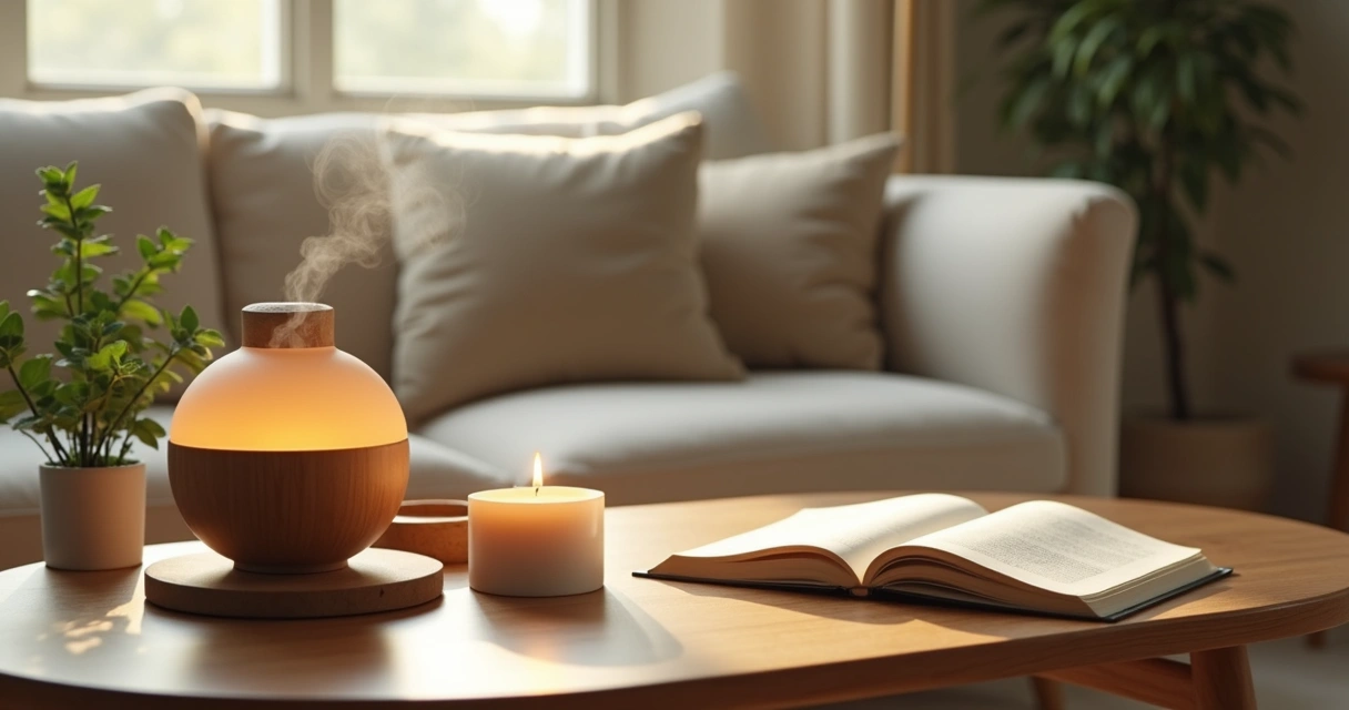 Difusor, vela aromática e livro sobre mesa decorada 