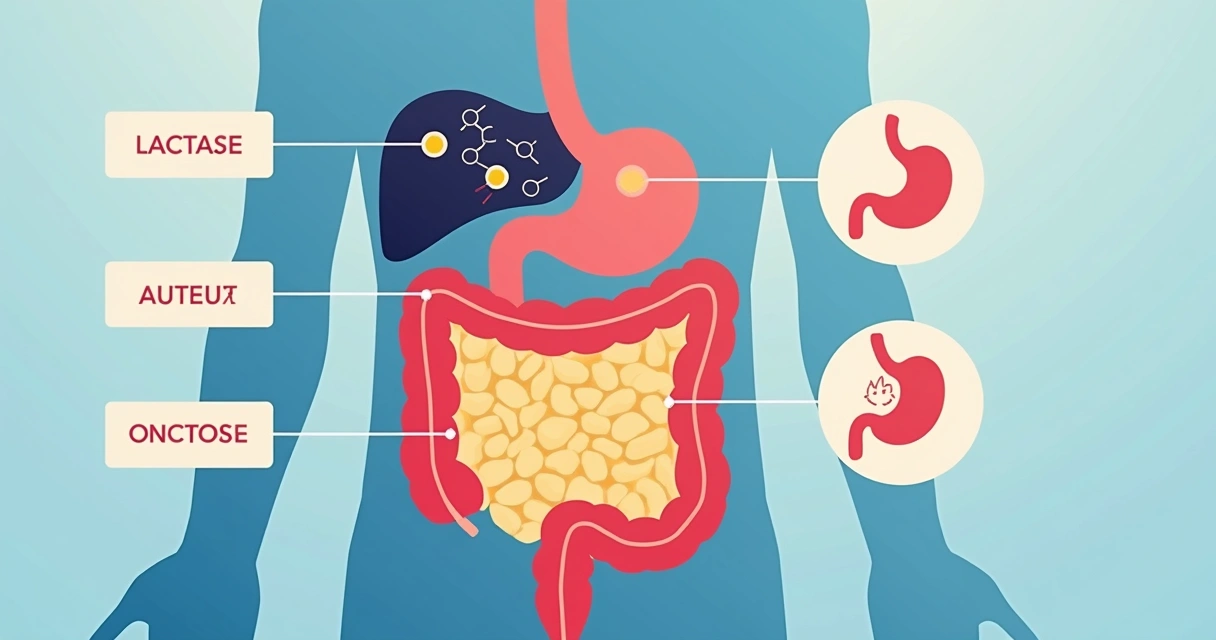 Ilustração colorida do trato digestivo humano com destaque para intestino e moléculas de lactase 