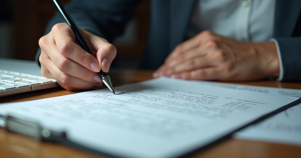 Mesa de escritório com pilhas de documentos e pessoa digitando manualmente em planilha no computador 