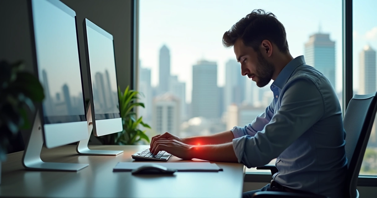 Homem digitador sentindo dor no punho ao trabalhar