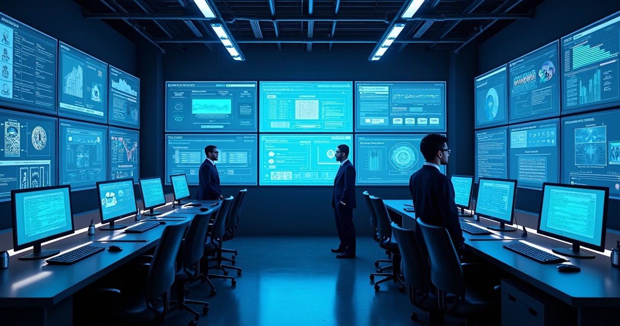 Sala de controle de acessos digitais com telas grandes mostrando fluxos de permissões 