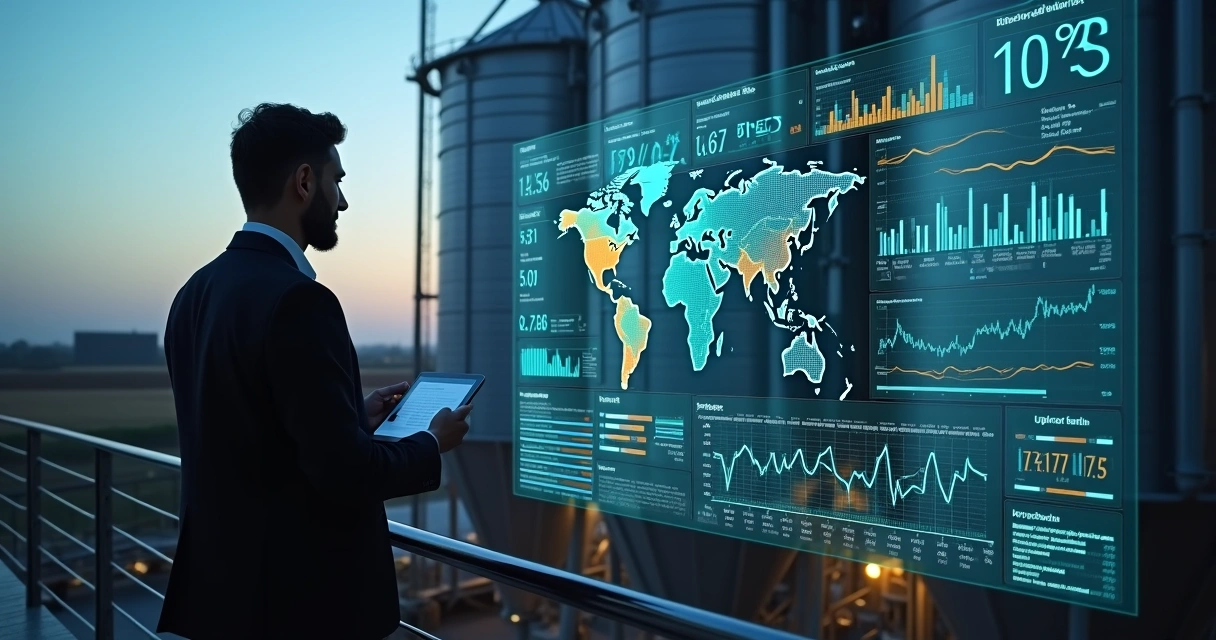 Agribusiness CFO viewing digital risk dashboard inside modern grain facility 
