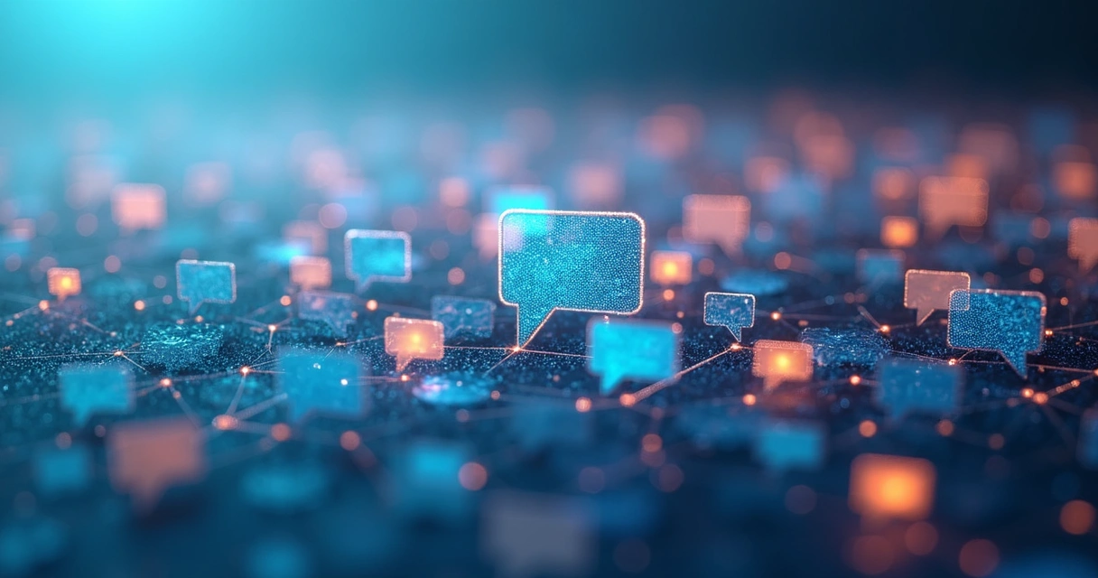 Abstract visual of digital algorithms influencing online chat bubbles 