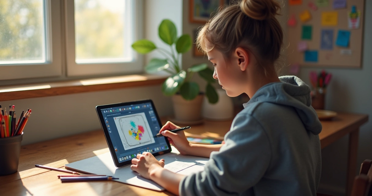 Pessoa desenhando em um tablet com um aplicativo de desenho digital aberto.