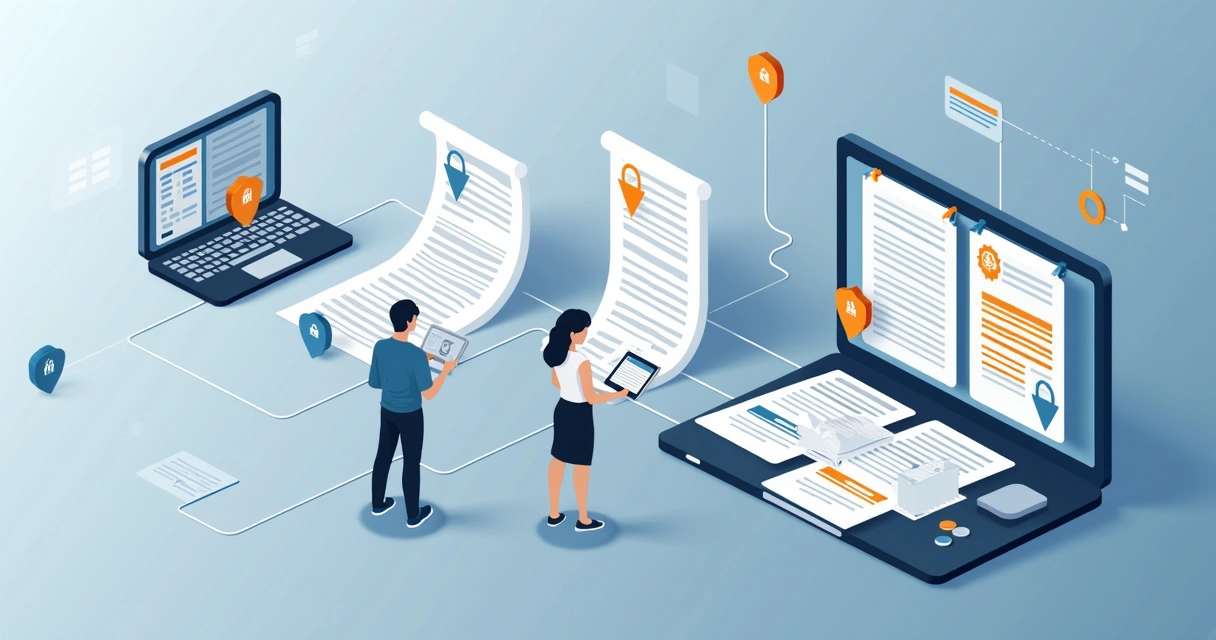 Digital audit trail with contract timeline and security icons 