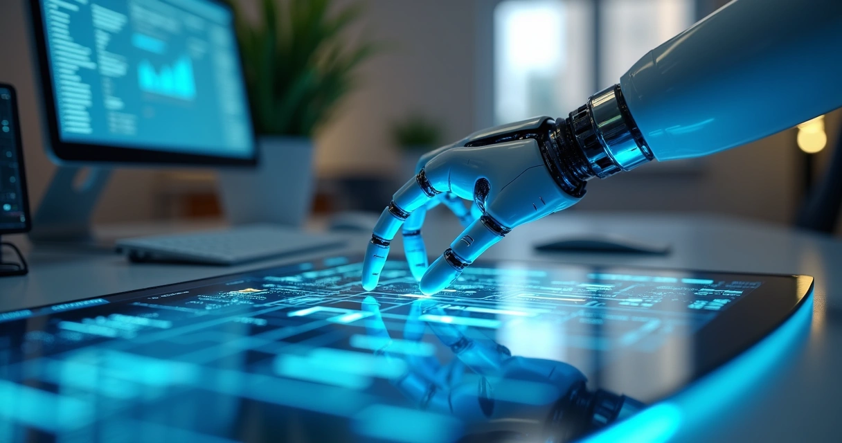 Mão robótica tocando tela digital com workflow automatizado