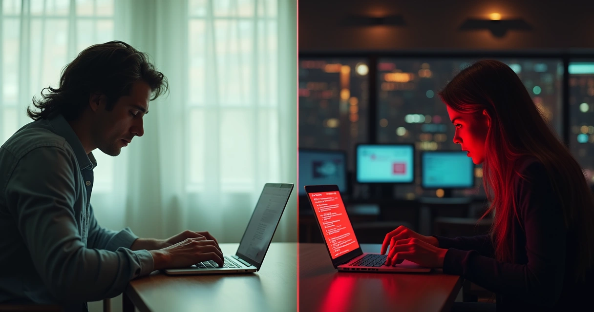 Split scene showing positive and negative digital community moods 