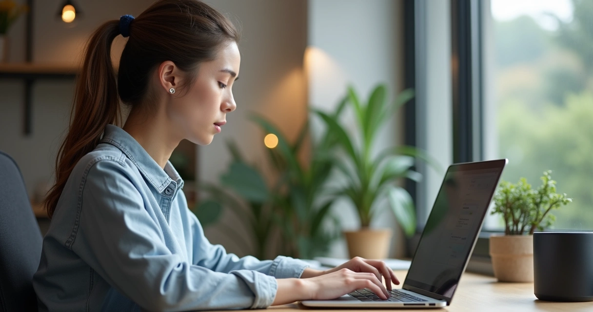 Person closes laptop with calm expression, digital notifications in background fade to soft blur