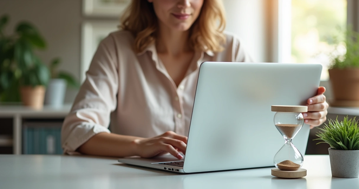 Woman setting laptop aside for a break with hourglass and plant nearby 