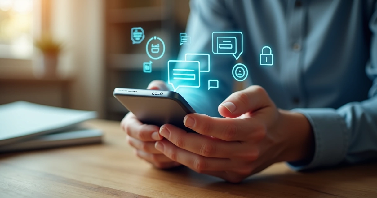 Person holding a smartphone with multiple chat bubbles and privacy icons 