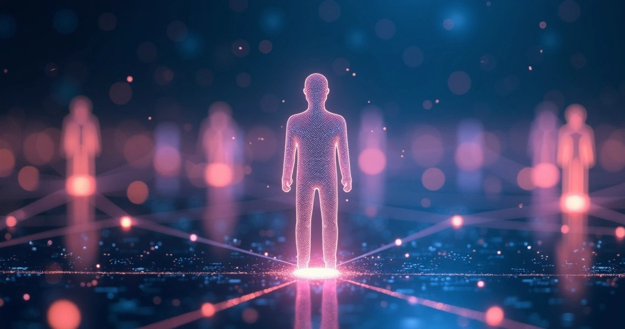 Illustration of intertwined human silhouettes surrounded by faint glowing digital patterns