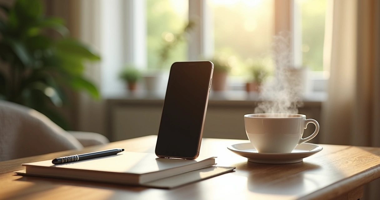 Table with a phone turned upside down, a cup of tea, and a closed notebook, next to an open window with soft daylight. 