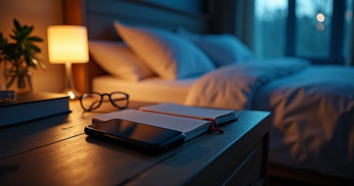 Phone turned face down beside a journal at night 