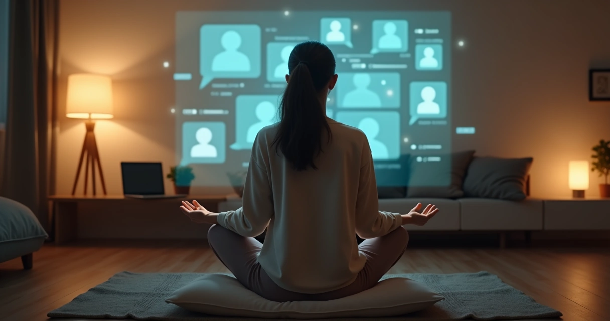 Person sitting on floor meditating in front of glowing group chat screen 