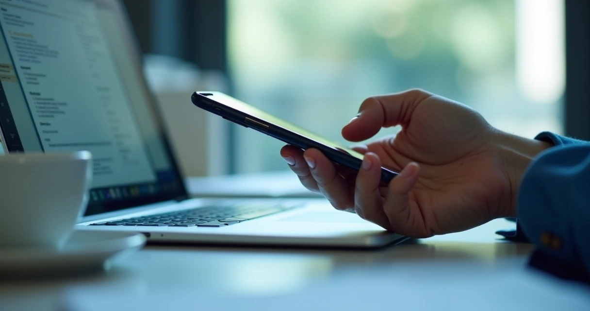 Person silencing smartphone in office with computer screen in background 