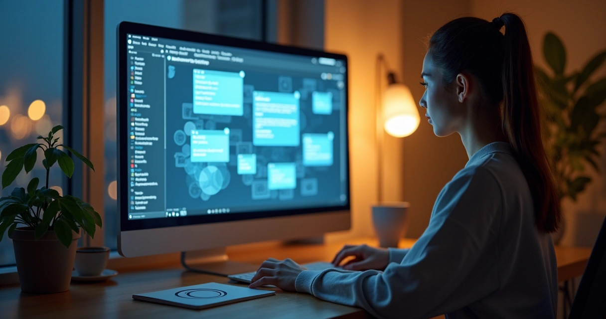 Person at a desk surrounded by translucent digital bubbles forming gentle boundaries 