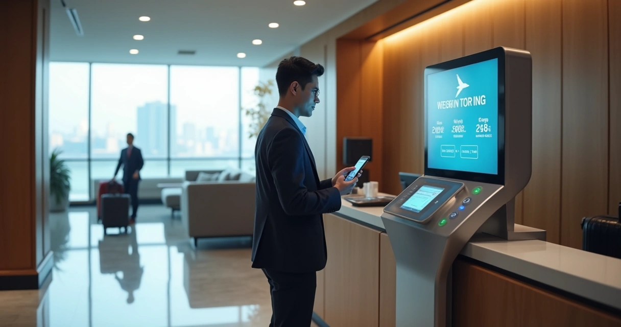 Business traveler using smartphone to check into hotel room