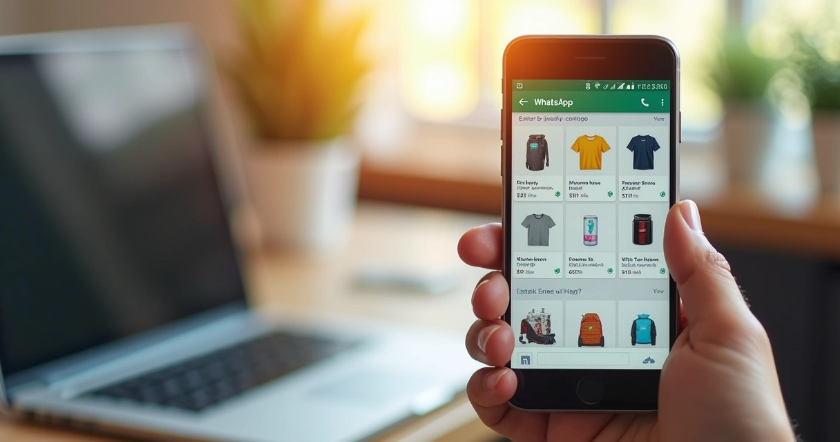 Smartphone displaying a digital product catalog with WhatsApp chat interface visible 