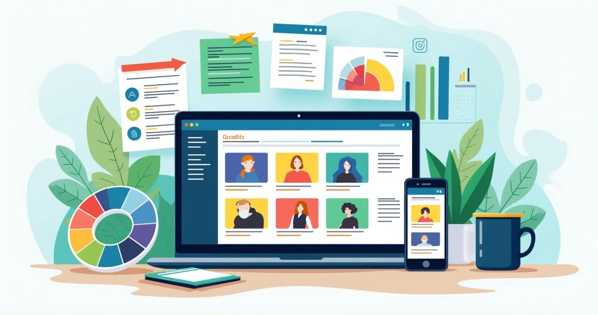Workspace with digital catalogue design on laptop and smartphone with product images and charts