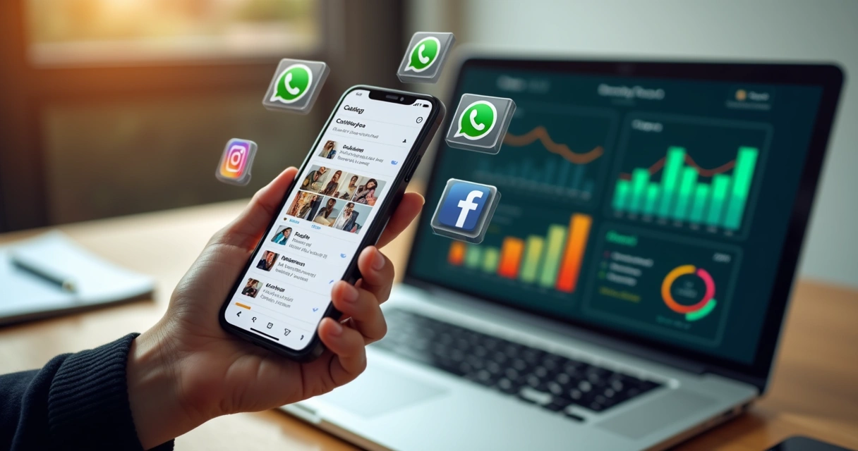 Smartphone showing a colorful digital product catalog open on WhatsApp chat interface, with clear product photos and prices, surrounded by social media icons and a small laptop displaying analytics charts in the background