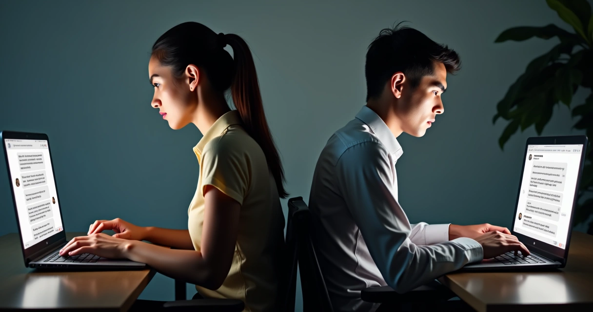 Two people exchanging tense instant messages on laptops 