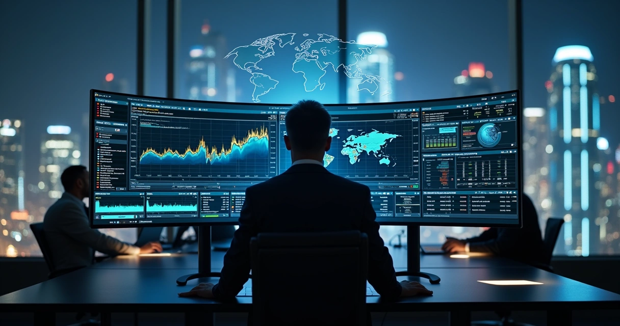 Executive reviewing AI-driven commodity risk dashboard with global markets map 