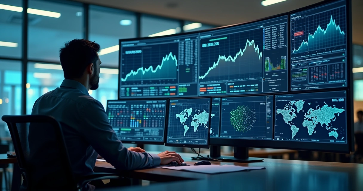Executive analyzing a digital commodities trading dashboard with risk metrics 