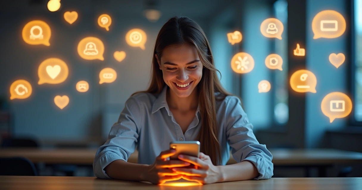 Uma jovem sorridente segurando um celular, com o fundo dividido mostrando balões de bate-papo e ícones de redes sociais.