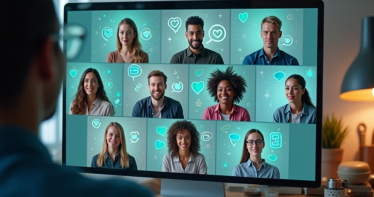 Online community supporting each other with icons for communication