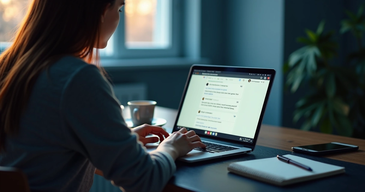 Person reflecting before posting in an online group