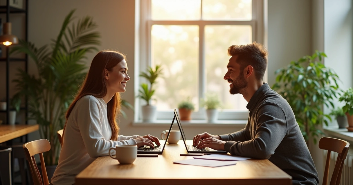 Two people sitting at a table, each using a laptop, smiling and making eye contact, with soft natural lighting and plants in the background