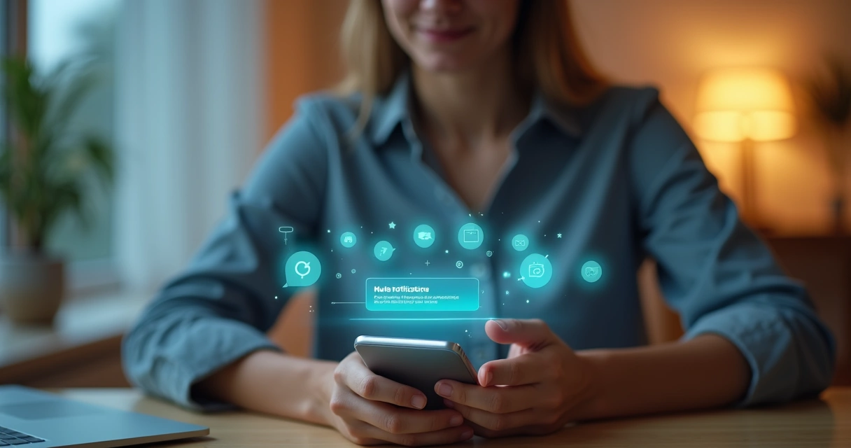 Person calmly setting boundaries on smartphone while surrounded by digital notifications 