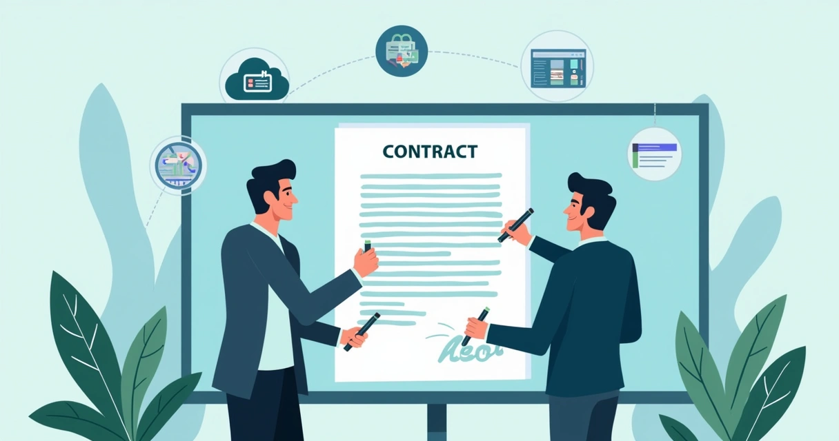 Digital contract negotiation with teams editing a cloud document. 
