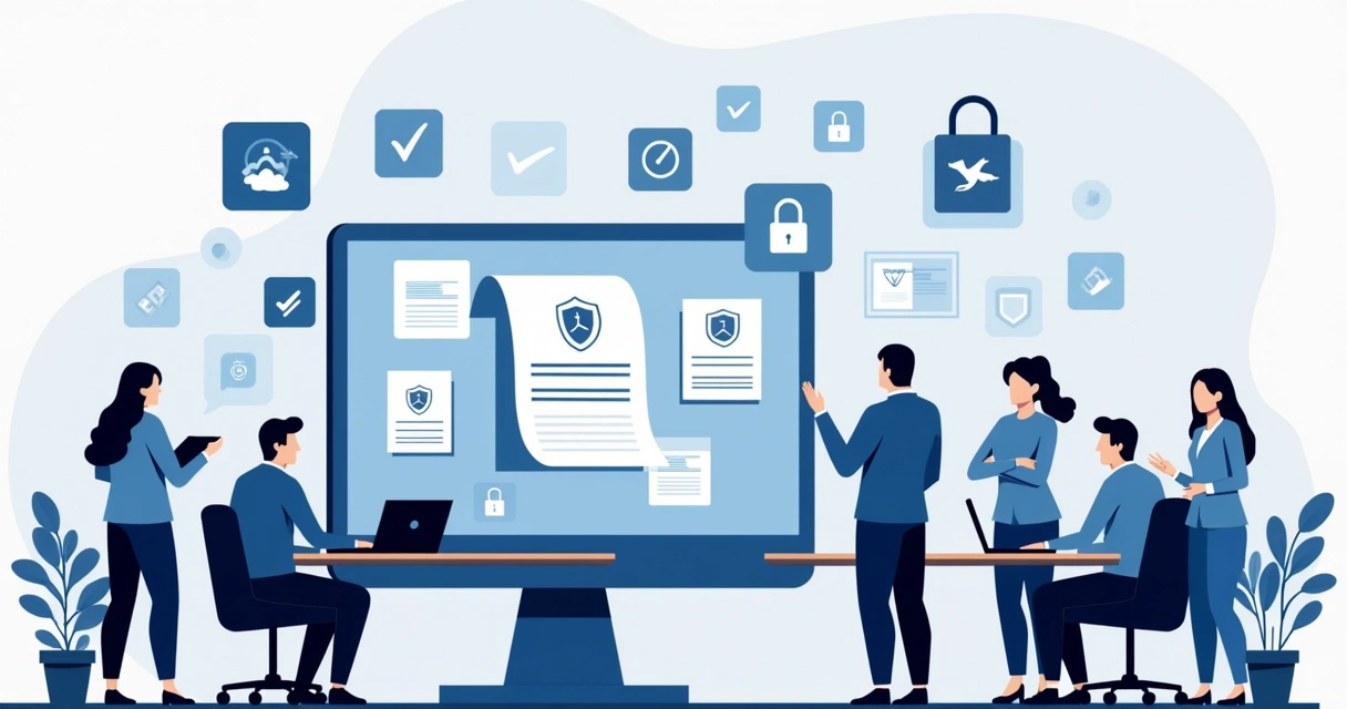 Flat illustration of a computer showing a digital contract workflow, with shield icons and locks for security 