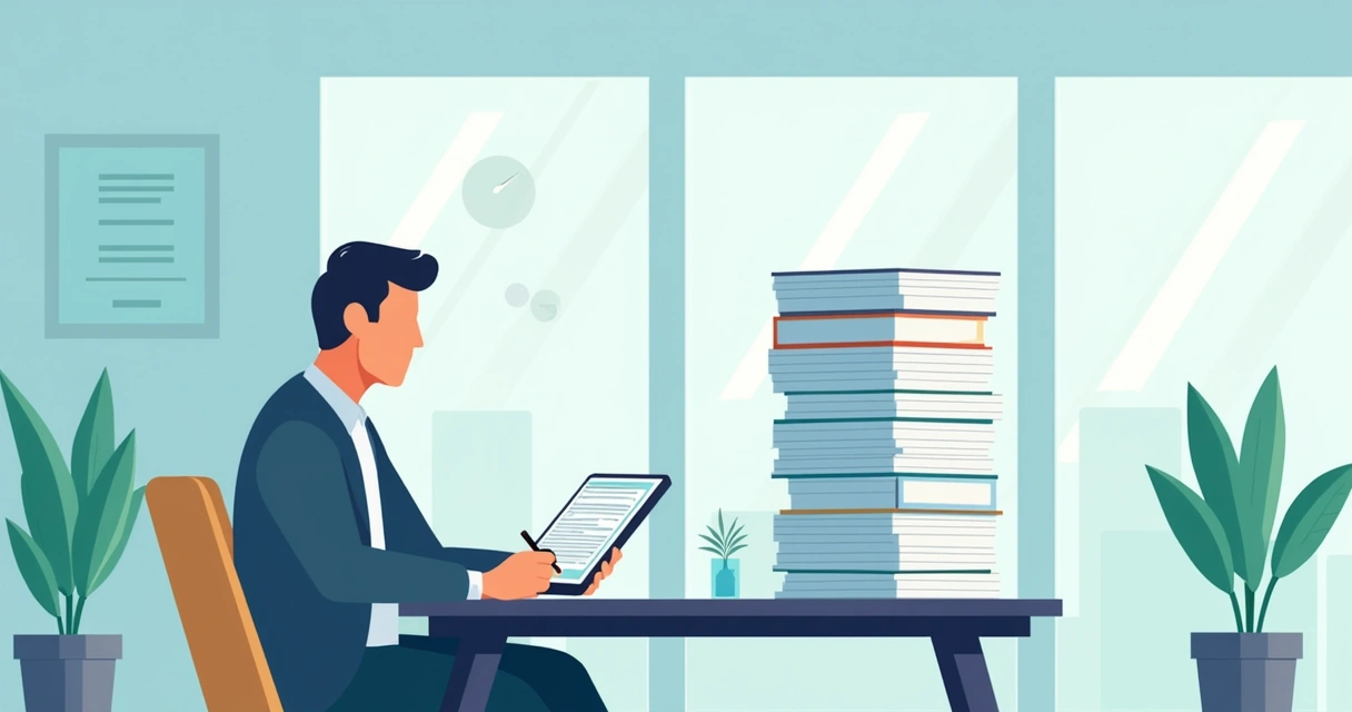 Businessperson signs contract digitally on tablet, paper stack fades in background