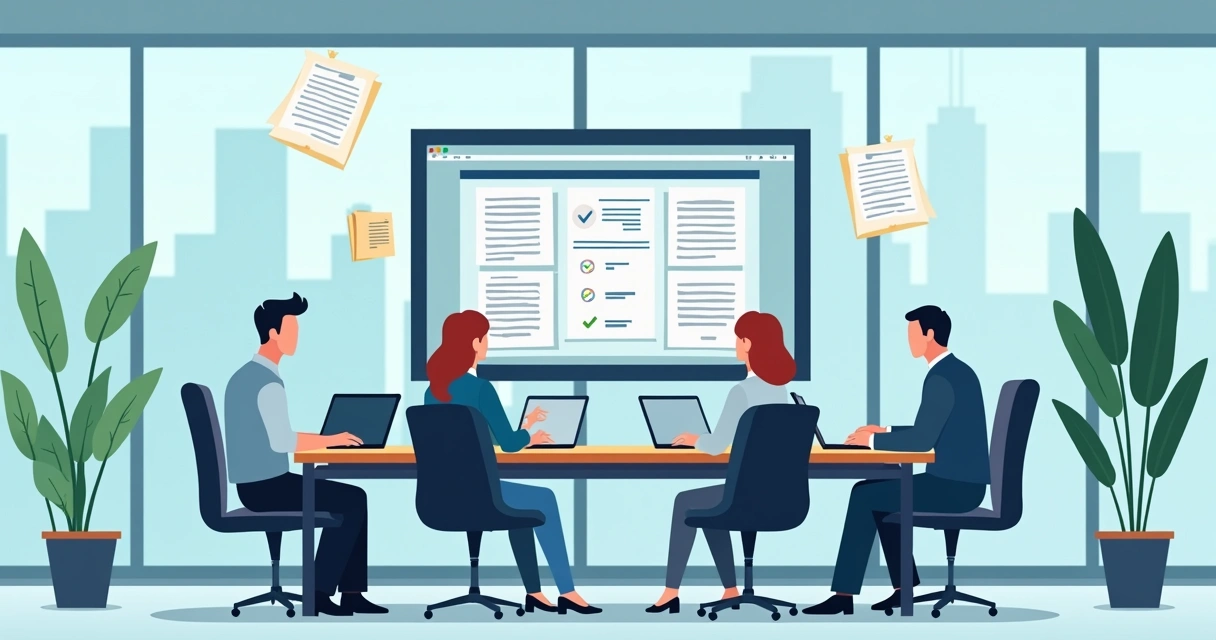 Business team viewing digital contract library on a monitor 